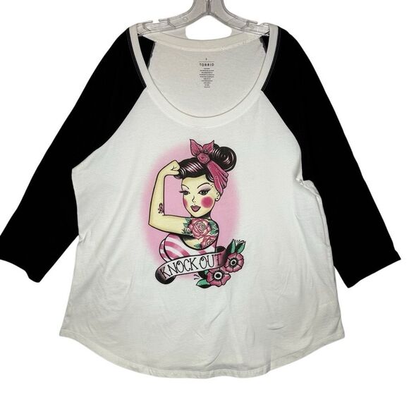TORRID White Breast Cancer Awareness Classic Tee Plus Size 2 Raglan 3/4 Sleeve - Picture 1 of 8